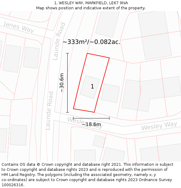 1, WESLEY WAY, MARKFIELD, LE67 9NA: Plot and title map