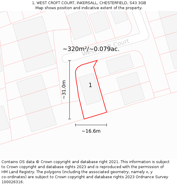 1, WEST CROFT COURT, INKERSALL, CHESTERFIELD, S43 3GB: Plot and title map