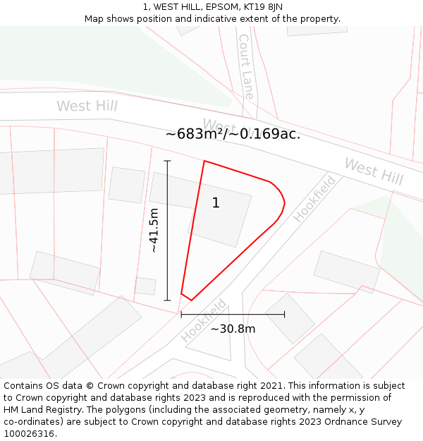 1, WEST HILL, EPSOM, KT19 8JN: Plot and title map