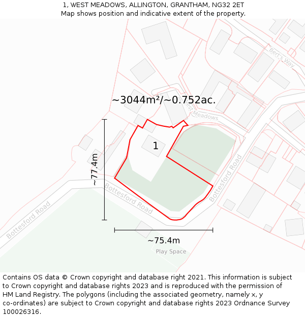 1, WEST MEADOWS, ALLINGTON, GRANTHAM, NG32 2ET: Plot and title map