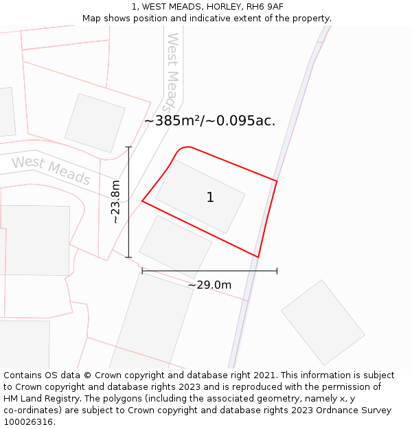 1, WEST MEADS, HORLEY, RH6 9AF: Plot and title map