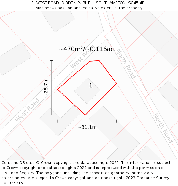 1, WEST ROAD, DIBDEN PURLIEU, SOUTHAMPTON, SO45 4RH: Plot and title map