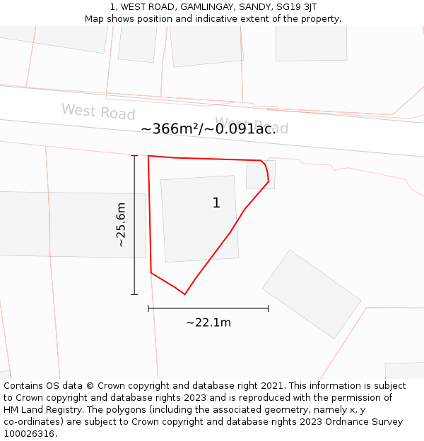 1, WEST ROAD, GAMLINGAY, SANDY, SG19 3JT: Plot and title map