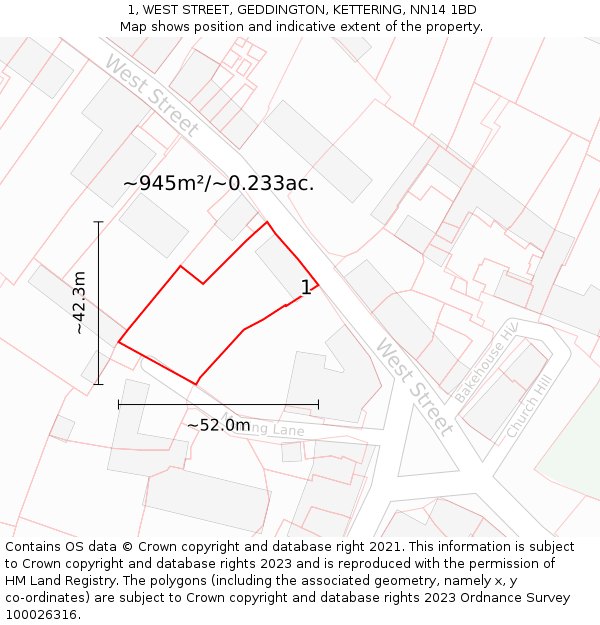 1, WEST STREET, GEDDINGTON, KETTERING, NN14 1BD: Plot and title map