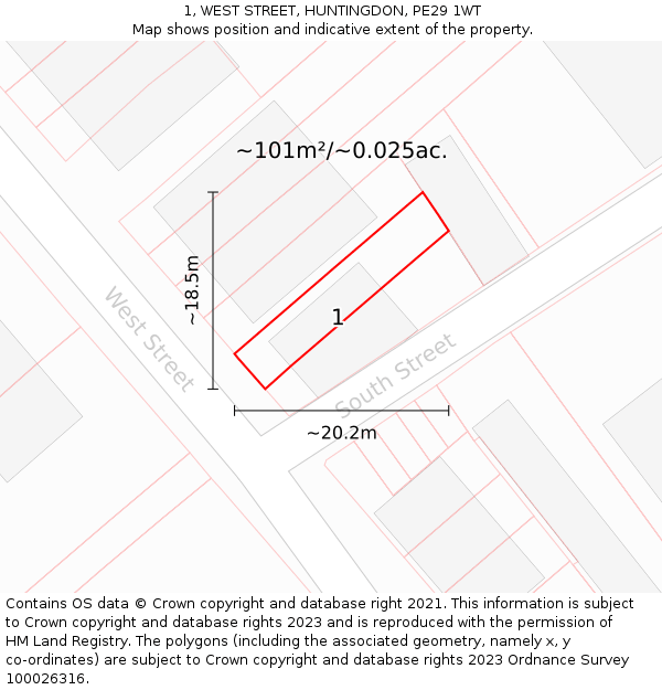 1, WEST STREET, HUNTINGDON, PE29 1WT: Plot and title map