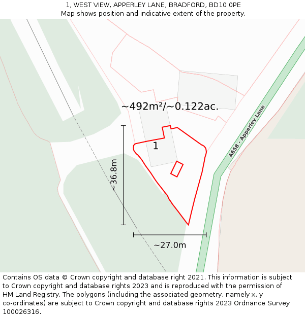 1, WEST VIEW, APPERLEY LANE, BRADFORD, BD10 0PE: Plot and title map