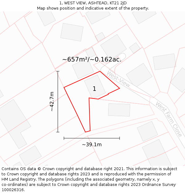 1, WEST VIEW, ASHTEAD, KT21 2JD: Plot and title map