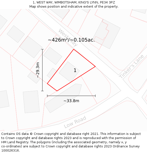 1, WEST WAY, WIMBOTSHAM, KING'S LYNN, PE34 3PZ: Plot and title map