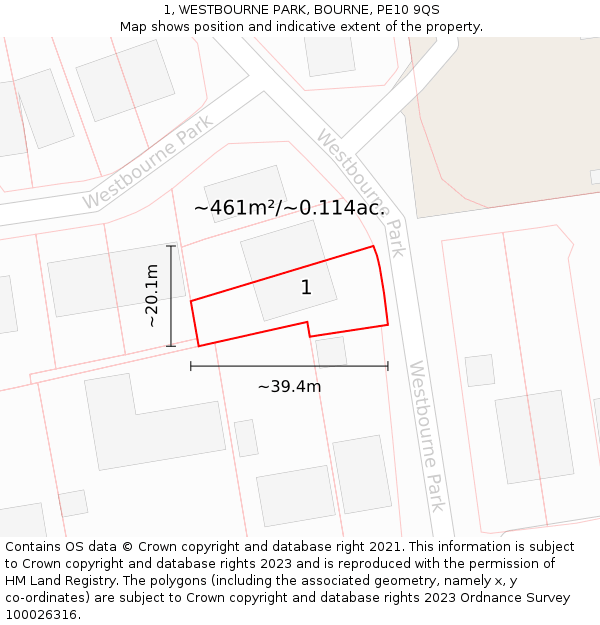 1, WESTBOURNE PARK, BOURNE, PE10 9QS: Plot and title map