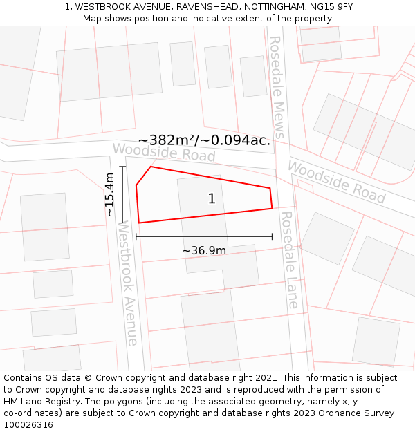 1, WESTBROOK AVENUE, RAVENSHEAD, NOTTINGHAM, NG15 9FY: Plot and title map