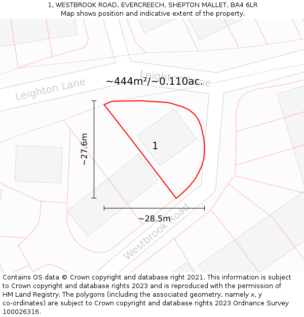 1, WESTBROOK ROAD, EVERCREECH, SHEPTON MALLET, BA4 6LR: Plot and title map