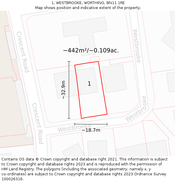 1, WESTBROOKE, WORTHING, BN11 1RE: Plot and title map
