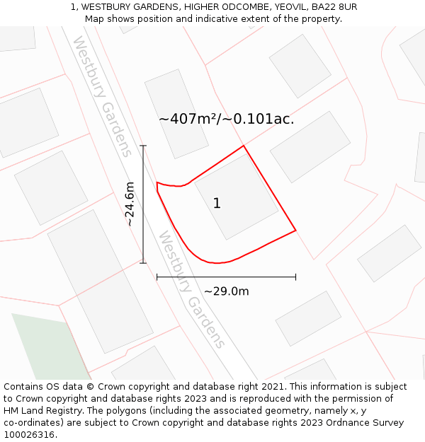 1, WESTBURY GARDENS, HIGHER ODCOMBE, YEOVIL, BA22 8UR: Plot and title map