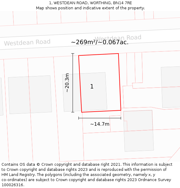 1, WESTDEAN ROAD, WORTHING, BN14 7RE: Plot and title map