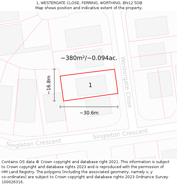 1, WESTERGATE CLOSE, FERRING, WORTHING, BN12 5DB: Plot and title map
