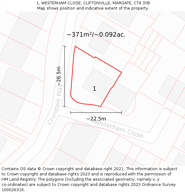 1, WESTERHAM CLOSE, CLIFTONVILLE, MARGATE, CT9 3YB: Plot and title map