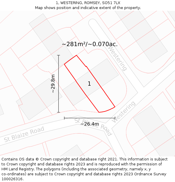 1, WESTERING, ROMSEY, SO51 7LX: Plot and title map