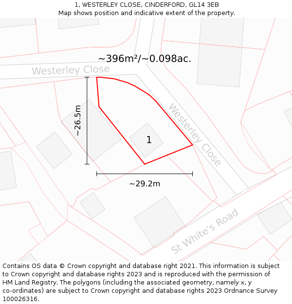 1, WESTERLEY CLOSE, CINDERFORD, GL14 3EB: Plot and title map