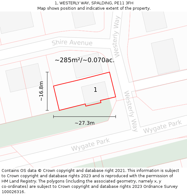 1, WESTERLY WAY, SPALDING, PE11 3FH: Plot and title map
