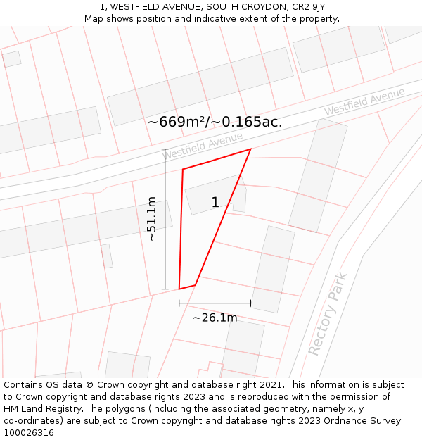 1, WESTFIELD AVENUE, SOUTH CROYDON, CR2 9JY: Plot and title map