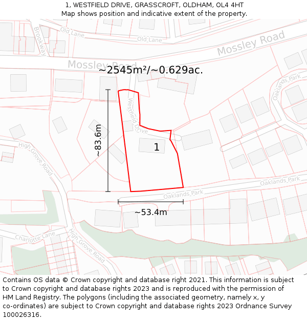 1, WESTFIELD DRIVE, GRASSCROFT, OLDHAM, OL4 4HT: Plot and title map