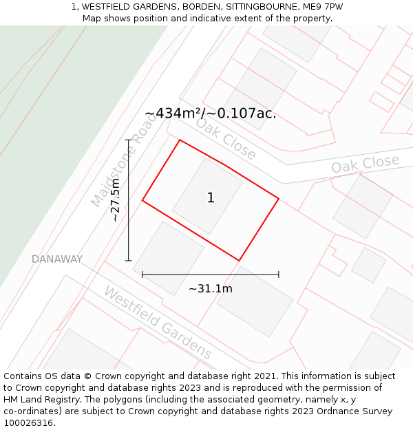 1, WESTFIELD GARDENS, BORDEN, SITTINGBOURNE, ME9 7PW: Plot and title map
