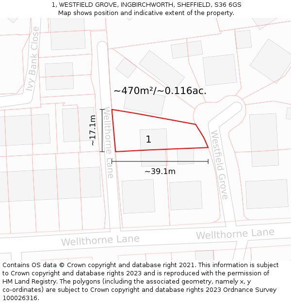 1, WESTFIELD GROVE, INGBIRCHWORTH, SHEFFIELD, S36 6GS: Plot and title map