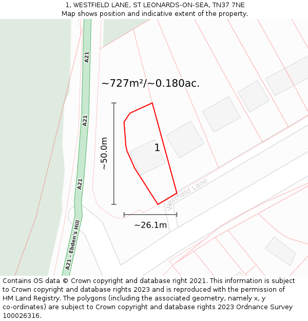 1, WESTFIELD LANE, ST LEONARDS-ON-SEA, TN37 7NE: Plot and title map