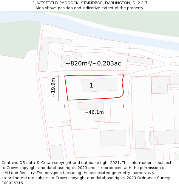 1, WESTFIELD PADDOCK, STAINDROP, DARLINGTON, DL2 3LT: Plot and title map