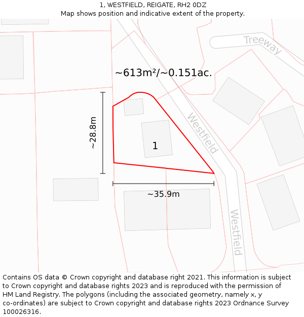1, WESTFIELD, REIGATE, RH2 0DZ: Plot and title map