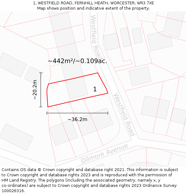 1, WESTFIELD ROAD, FERNHILL HEATH, WORCESTER, WR3 7XE: Plot and title map