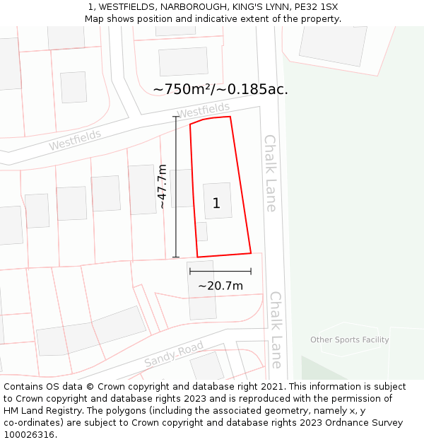 1, WESTFIELDS, NARBOROUGH, KING'S LYNN, PE32 1SX: Plot and title map
