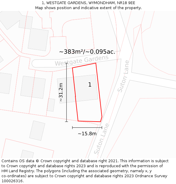1, WESTGATE GARDENS, WYMONDHAM, NR18 9EE: Plot and title map