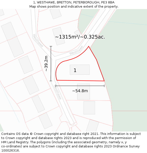 1, WESTHAWE, BRETTON, PETERBOROUGH, PE3 8BA: Plot and title map