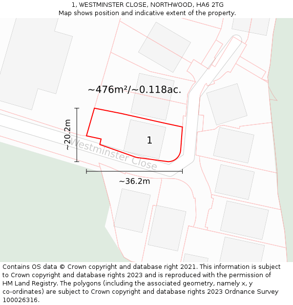 1, WESTMINSTER CLOSE, NORTHWOOD, HA6 2TG: Plot and title map
