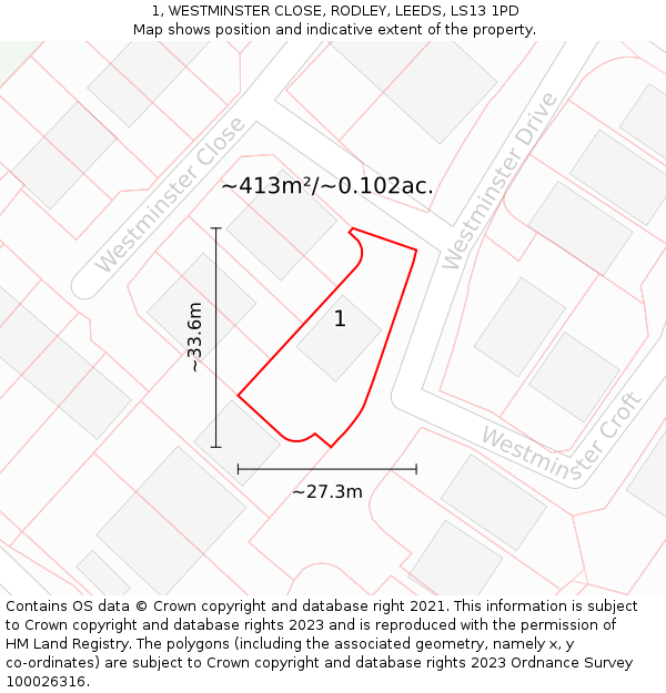 1, WESTMINSTER CLOSE, RODLEY, LEEDS, LS13 1PD: Plot and title map