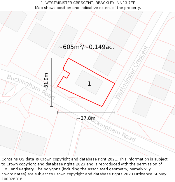 1, WESTMINSTER CRESCENT, BRACKLEY, NN13 7EE: Plot and title map