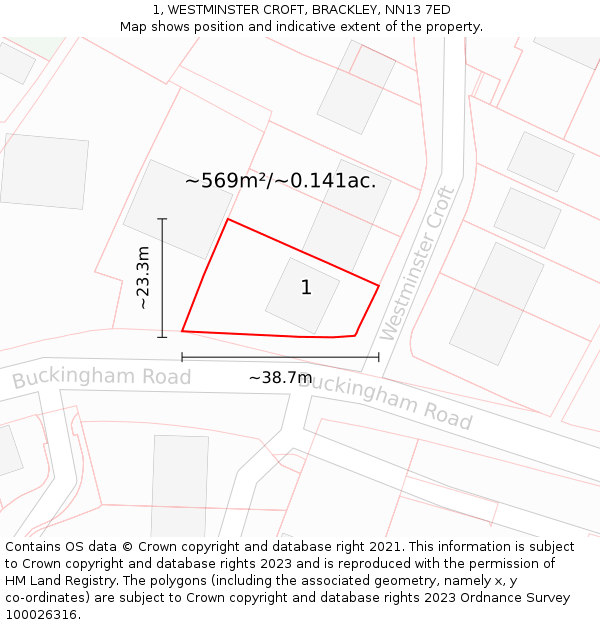 1, WESTMINSTER CROFT, BRACKLEY, NN13 7ED: Plot and title map