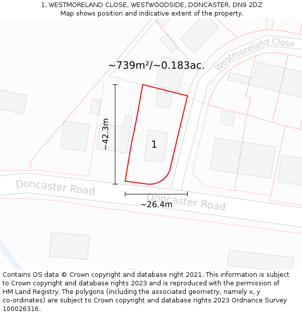 1, WESTMORELAND CLOSE, WESTWOODSIDE, DONCASTER, DN9 2DZ: Plot and title map