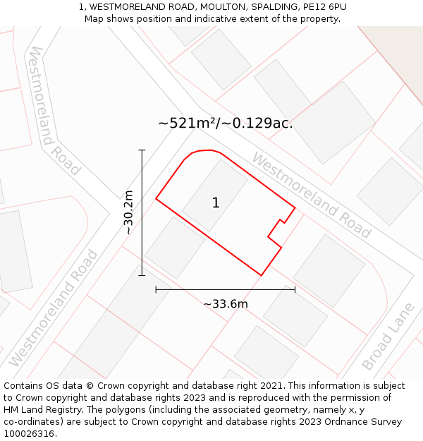 1, WESTMORELAND ROAD, MOULTON, SPALDING, PE12 6PU: Plot and title map
