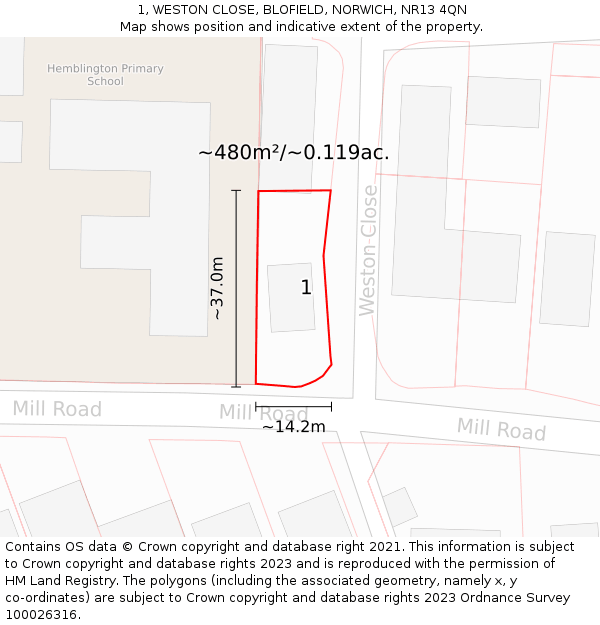 1, WESTON CLOSE, BLOFIELD, NORWICH, NR13 4QN: Plot and title map
