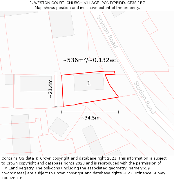 1, WESTON COURT, CHURCH VILLAGE, PONTYPRIDD, CF38 1RZ: Plot and title map