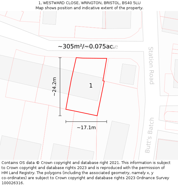 1, WESTWARD CLOSE, WRINGTON, BRISTOL, BS40 5LU: Plot and title map