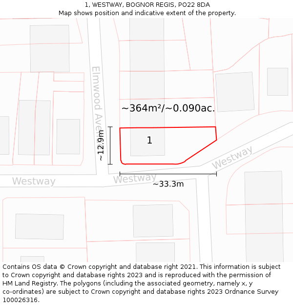 1, WESTWAY, BOGNOR REGIS, PO22 8DA: Plot and title map