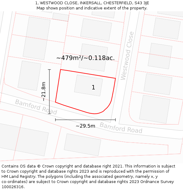 1, WESTWOOD CLOSE, INKERSALL, CHESTERFIELD, S43 3JE: Plot and title map