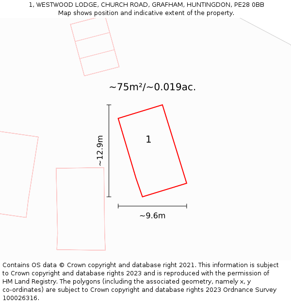 1, WESTWOOD LODGE, CHURCH ROAD, GRAFHAM, HUNTINGDON, PE28 0BB: Plot and title map