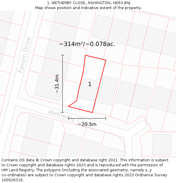 1, WETHERBY CLOSE, ASHINGTON, NE63 8NJ: Plot and title map