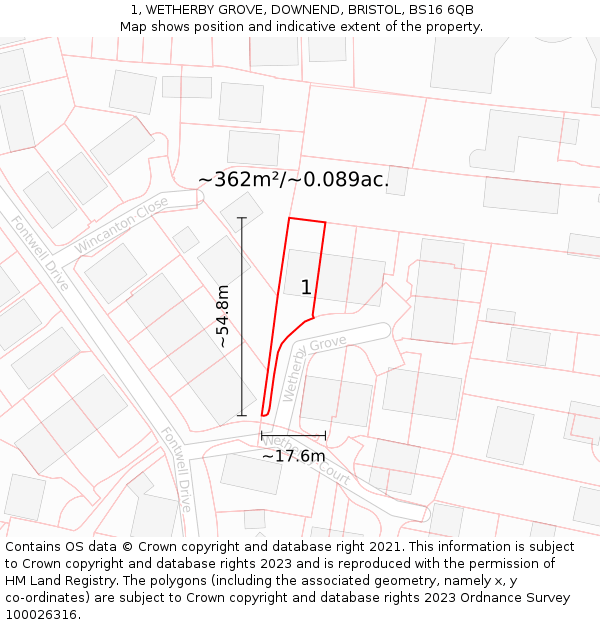 1, WETHERBY GROVE, DOWNEND, BRISTOL, BS16 6QB: Plot and title map