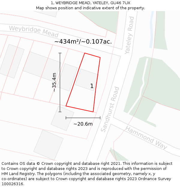 1, WEYBRIDGE MEAD, YATELEY, GU46 7UX: Plot and title map