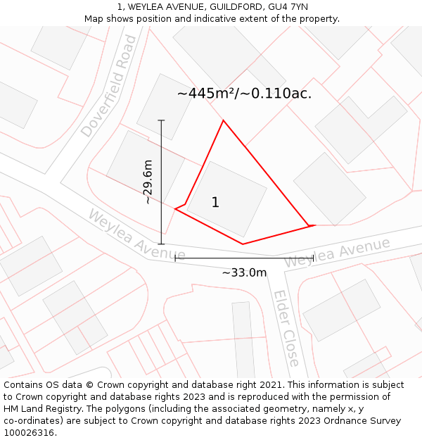 1, WEYLEA AVENUE, GUILDFORD, GU4 7YN: Plot and title map